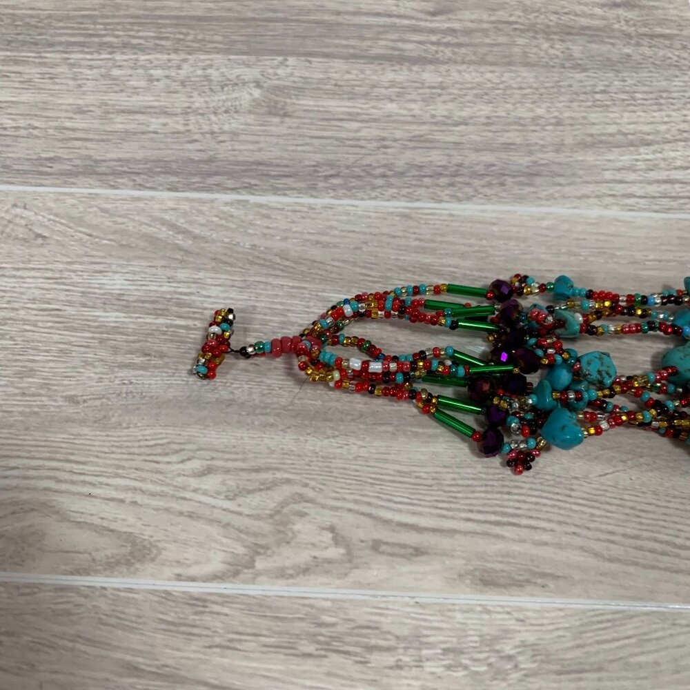 Glass Beaded Turquoise Multistrand Bracelet Beaded Toggle - Picture 9 of 11